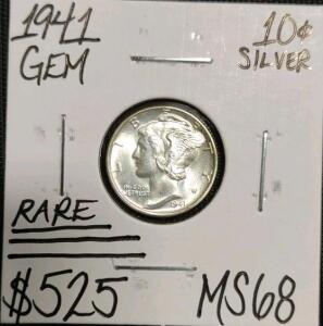 1941 MS68 Rare Gem Silver Mercury Dime