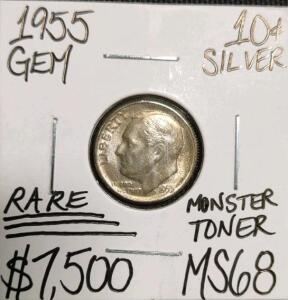1955 MS68 Rare Monster Toner Gem Silver Dime