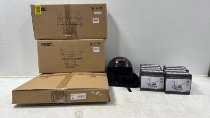 Assorted ITEMS (1) HJC Motorcycle Helmet (1) Abaniolighting 3 Ring LED Chandelier (2) 3 Bulb Vanity Lights (8) Square Modern Door Handles