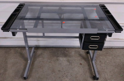 Alienor Glass Drafting Table Rolling Drawing Desk Artists Art Craft Desk w/2-Slide Drawers and Wheels for Home, Office, or School