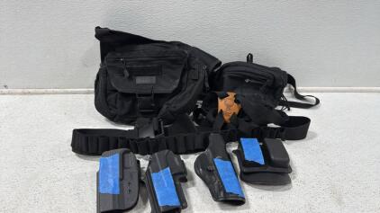 Assorted Lot Of Glock 17/19 Holsters, Glock 21 Double Mag Holster (1) Ammo Belt (1) fanny back (1) Range/ Tach Bag