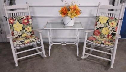 (2) Matching (White) Wooden Rocking Chairs & (1) Metal Framed Glass Top Patio Table w/Flowers in a Bucket
