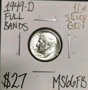 1949-D MS66FB Full Bands Gem Silver Dime