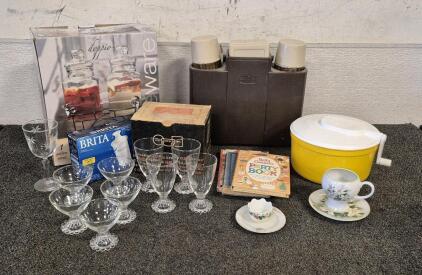 Vintage Thermos and Cooler Set, Vintage Cookbooks, Vintage Salad Spinner, Vintage Dessert Glasses(5)Short,(11)Tall), Vintage Veg-o-matic, Brita Filter Replacement, Doppio Glass Serving Jugs, Tea Cup And Saucer
