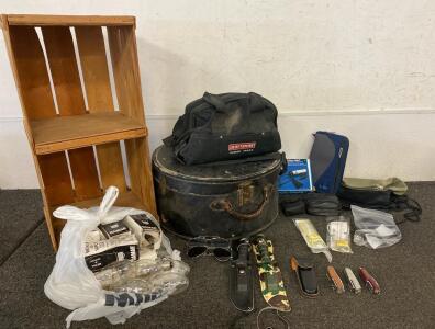 Miscellaneous Lot Including, Craftsman Bag, Knives, Light Bulbs, Locks And More