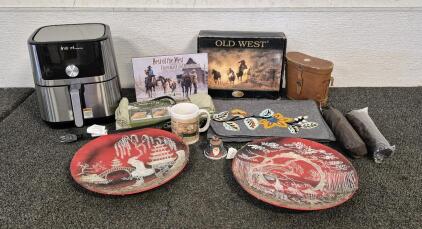 Instant Air fryer(New), Place Mats(4), Microfiber Cleaning Cloths, Coffee Mug, Asian Decor Plates, umbrella (2), Binoculars, Christmas Cards, Old West Child Boots(Size 11.5)