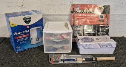 Portable Shooting Range(New), Fishing Poles(New), 3 Drawer Storage Full of Fishing Accessories, Sketchers Shoes(Size 11), Vicks Warm Mist Humidifier