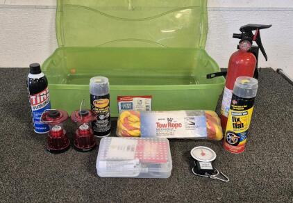 Fix a Flat, Tire Inflator with Hose, Tire Iinflator and Sealer, Fire Extinguisher, 14'Tow Rope, First Aid Kit, Scale Tape Measure, Mini Lantern Flash Lights(2)(Unable to Test)