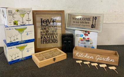 Kitchen Lot Including, Yogurt Maker, (12) Margarita Glasses, Kitchen Garden, Electric Salt And Pepper Mill Set And More