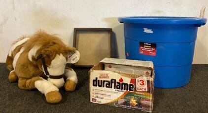Miscellaneous Lot Including, Duraflame Firelogs, Shadowbox, Plush Pinto Horse, And All Purpose 20 Gal Tub