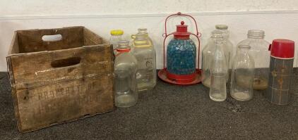 Vintage Milk Jugs And Crate