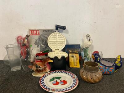 Miscellaneous Lot Including Waffle Press, Vases, Bird Ceramics, Life Magazines And More