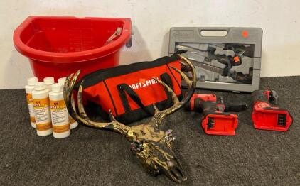 Tool Lot Including, Little Giant 4 Gal Water Trough Auto Float, Crafstman Bag And Tools, Sport Fisher Knife Set, And More