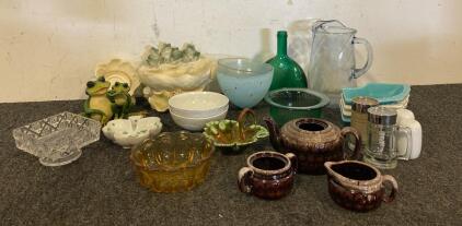 Glassware And Ceramics Including, Glass Pitcher, Salt And Pepper Shakers, Frog Statues And More