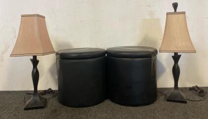 Living Room Lot Including (2) Round Storage Stools And (2) Working Lamps