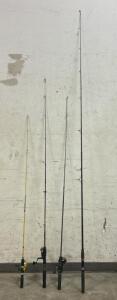 4 Different Varieties Of Sizes And Brands Of Fishing Poles Including Shakespeare, Master, And More