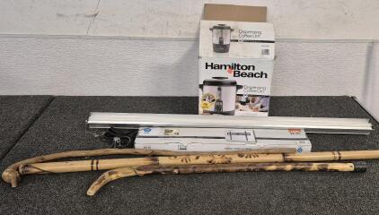 Hamilton Beach Dispensing Coffee Urn, ONN Fixed TV Wall Mount, (3) Hand Craved Walking Sticks, Tube Light and Fixture(Works)