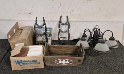 Lots of Tile Indoor/Outdoor (1Box+9Red)Unglazed Ceramic/(12)Glazed White Ceramic(15)Stone Ceramic, Wood Box, Horse Shoe Wall Candle Holders(2), Light Chandelier