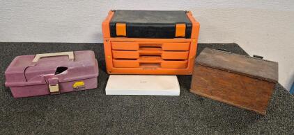 Home Depot Small Tool Chest with Assortment of Screw Drivers, ToolKit, Wood Box with Meat Grinder, Tackle Box with Miscellaneous Tool Parts