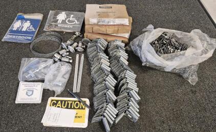 Bag of Flat Hanger Screws, Strip Valves, L-Angles, Coiled Strap(2), Restroom Signs, Miscellaneous Plumbing Tools