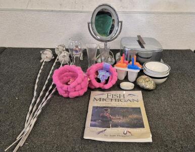 Mirror Light(Works), Beer Glasses, Bowls, Popsicle Maker, Tin Cake Storage Box, Puffy Spa Headband(8), Vintage Aluminum Candle Holders(4), Fish Mishigan Map Book
