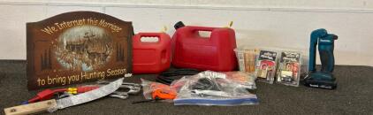 Locks, Gas, And Hunting Sass- Including Gas Tanks, Wrenches, Makita Flashlight, and More