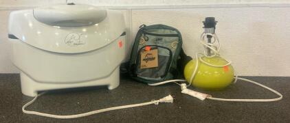 George Foreman GV5 Roaster And Contact Cooker, Bedside Lamp, And Okerchobee Fats Fishing Chest Pack