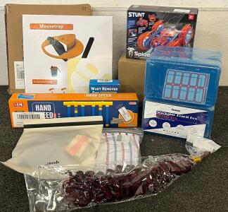 (2) Small Floating Shelves, (3) Interior Gold Door Handles, Bucket Mouse Trap, Spider-man Stunt Car, Utensil Organizers, Braiding Hair & More