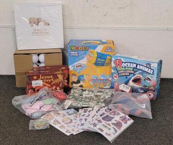 Childrens Toys! Rocket Bubble Gun, Jesus Toy Bath Bombs, Stickers And More