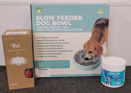 Dog Lot! Vivaglory Dog Water Bottle, KADTC Slow Feeder Dog Bowel, And Solid Gold Dog Joint Supplements