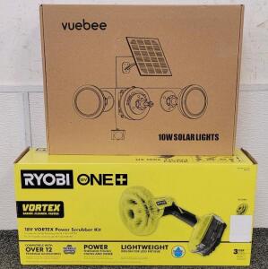Ryobi ONE+ Cordless Compact Power Scrubber (Bare Tool) And 10W Solar Motion Sensor Flood Lights