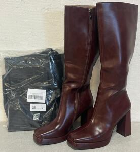 Elegant Deep Red Leather Platform Heels Size 8.5 & Faux Leather Biker Jacket Size Large