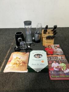 Hamilton Beach blenders and knifes in stand cook books