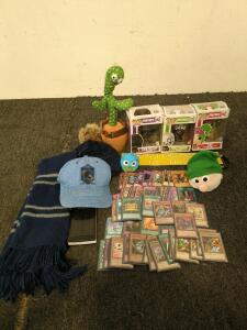 Three Pop! Figures from Fortnite and Yu-Gi-Oh cards