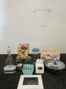 8 piece fondue set gravy boats tea container glass jars and a glass fruit basket