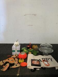 Fall and Halloween decor cake stand with cover and green pots with cute little veggies on them
