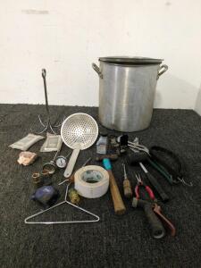Canning pot and assorted tools two emergency blankets two thermometers