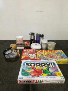 CD games and kitchenware and water bottles