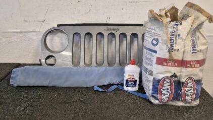 Jeep Front Grill, Patio Umbrella, (2) Bag of Charcoal, Lighter Fluid