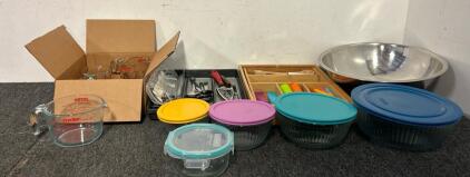 Chefs Jackpot- Including Glass Measuring Cups, Glass Containers, Silverware Containers, And More
