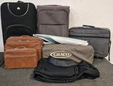 Really Nice Luggage, Vintage 3 Set of Fux Leather Luggage, Big Black Duffle Bag, Jordache Suit Case, HiPack Roller Luggage, Delsey Roller Luggage, Graco Play Pen, Outdoor Umbrella