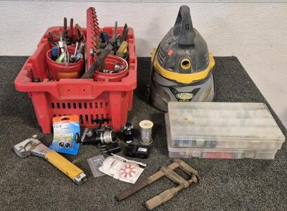 Create of Tools(Screw Drivers, Wrenchs, Cutters, Grips), Clamps, Shop Vac(Works), Storage Container full of Lighter Parts, Fishing Reels, Other Miscellaneous