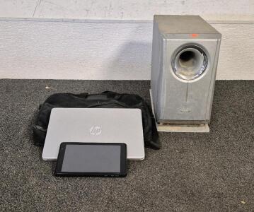 HP LapTop with Case and Plug In(Works), Panasonic Speaker(Unable to Test), BLU M8L Plus Tablet(Unable to Test)