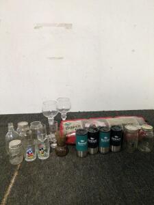 Glass dishes and a three person tent four coffee tumblers