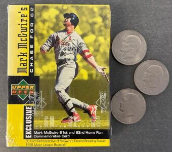 Factory-Sealed box of the 1998 Upper Deck Mark McGwire "Chase for 62" Baseball Card Set and (3) Eisenhower Dollars