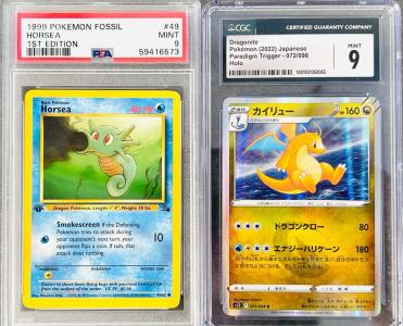 (2) Graded Pok&eacute;mon Cards: 1999 Pokemon Fossil Horsea 1st Edition Mint 9 and Dragonite Pokemon (2022) Japanese Paradigm Trigger Holo Mint 9