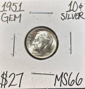 1951 MS66 GEM SILVER ROOSEVELT DIME