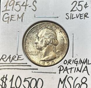 1954-S MS68 RARE ORIGINAL PATINA SILVER .25c