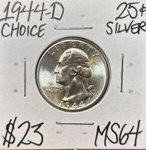 1944-D MS64 CHOICE SILVER WASHINGTON .25c
