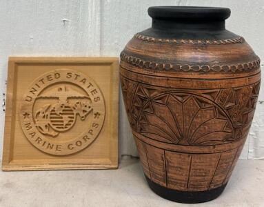 Handcarved US Marine Corps Emblem & Native American Vase